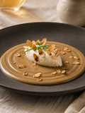Vellutata di Melanzane, Tartare (Quenelle) di Robiola e Mandorle Tostate