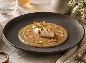 Foto di Vellutata di Melanzane, Tartare (Quenelle) di Robiola e Mandorle Tostate