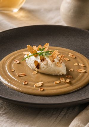 Foto di Vellutata di Melanzane, Tartare (Quenelle) di Robiola e Mandorle Tostate
