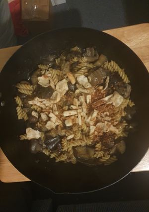 A picture of Chilli Tomato Fusilli Aubergine Mushrooms.
