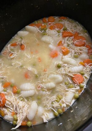 A picture of Slow Cooked Chicken and Gnocchi Dumplings.
