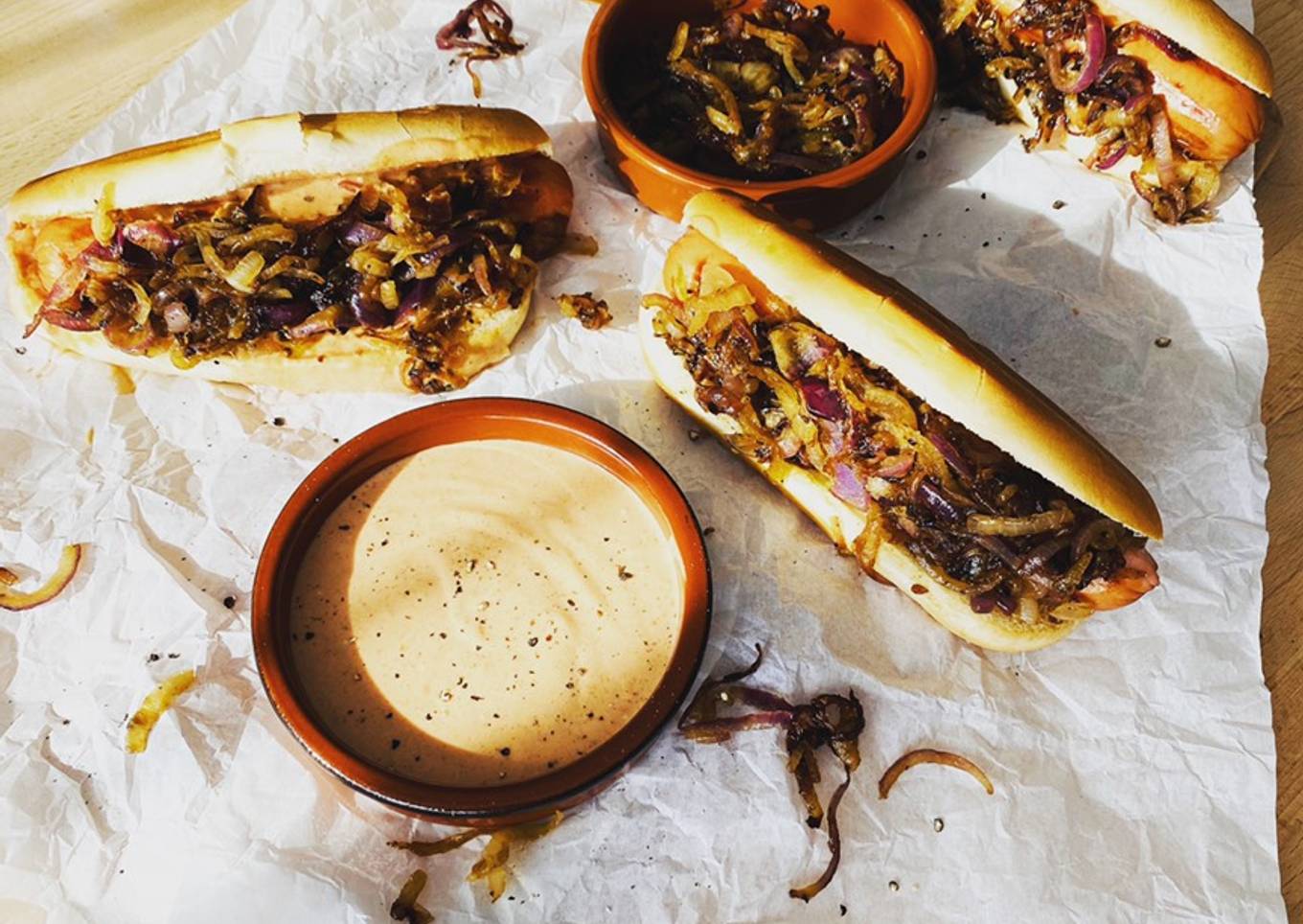 Hot Dogs with Bratwurst, Quick Hot Dog Sauce, and Grilled Onions