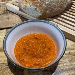 A picture of Romesco sauce - Mediterranean roasted red pepper sauce.