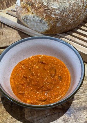 A picture of Romesco sauce - Mediterranean roasted red pepper sauce.