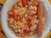 A picture of hot dogs and rice