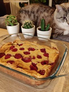 Una foto de Tarta (healthy) de queso blanco con frambuesas y avena
