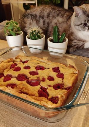 Una foto de Tarta (healthy) de queso blanco con frambuesas y avena