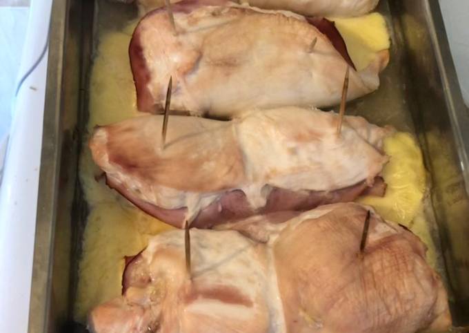 Rolled smashed chicken with ham and cheese