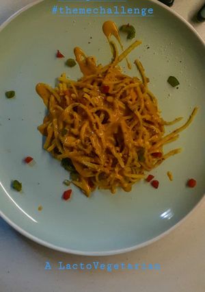 A picture of Lacto vegetarian creamy spaghetti.