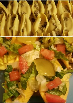 A picture of Cheeseburger stuffed shells.