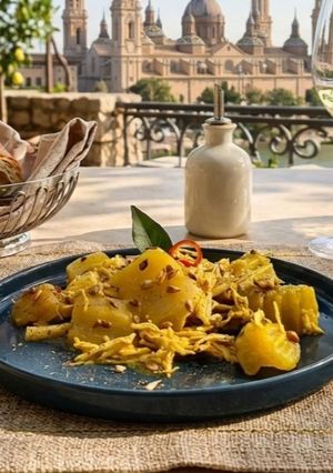 Una foto de Cardo con Pollo Mechado al Curry, Piñones y Semillas de Girasol