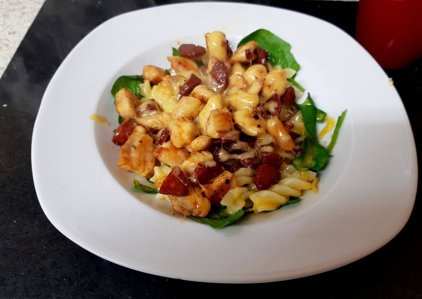 My Chicken, Chorizo pasta dish with melted Gloucstershire cheese