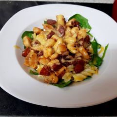 A picture of My Chicken, Chorizo pasta dish with melted Gloucstershire cheese.