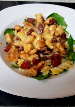 A picture of My Chicken, Chorizo pasta dish with melted Gloucstershire cheese.