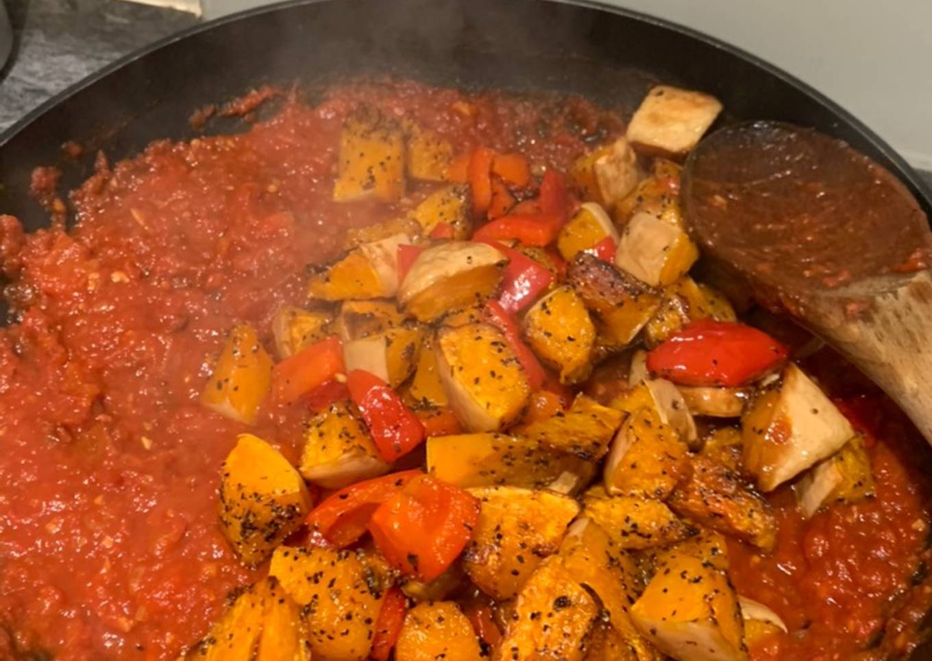 Smokey Squash, Chorizo and Red Pepper linguine