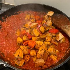 A picture of Smokey Squash, Chorizo and Red Pepper linguine.