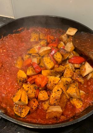 A picture of Smokey Squash, Chorizo and Red Pepper linguine.