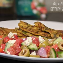 Cucumber and Spinach Pancakes with Greek Salad A picture of Cucumber and Spinach Pancakes with Greek Salad.