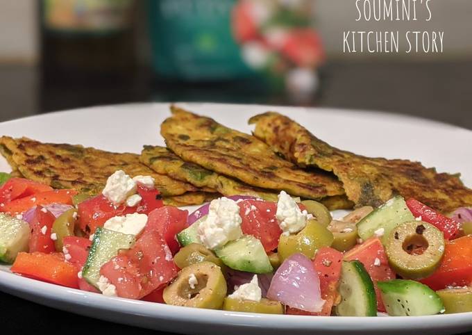 Cucumber and Spinach Pancakes with Greek Salad