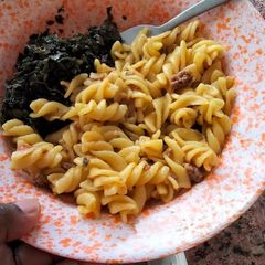 A picture of Isa's fried pasta and greens.