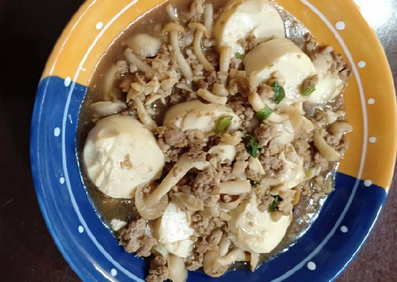 Egg tofu shimeiji daging cincang