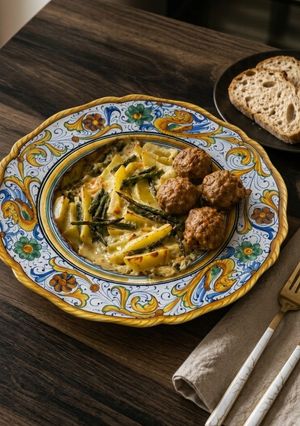 Spárgás-burgonyás felfújt burratával és húspogácsával recept fotója