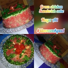 A picture of Green chicken sandwich cake.