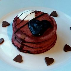 A picture of Vickys Pink Valentines Day Pancakes, GF DF EF SF NF.