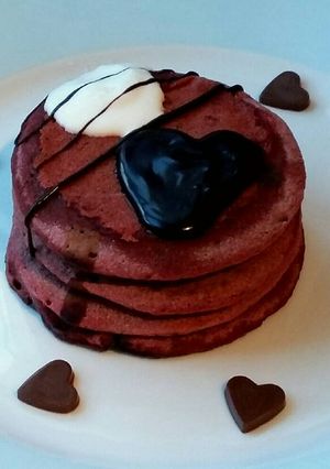 A picture of Vickys Pink Valentines Day Pancakes, GF DF EF SF NF.