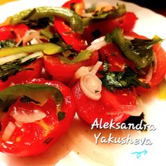 A picture of Heirloom tomatoes marinated.