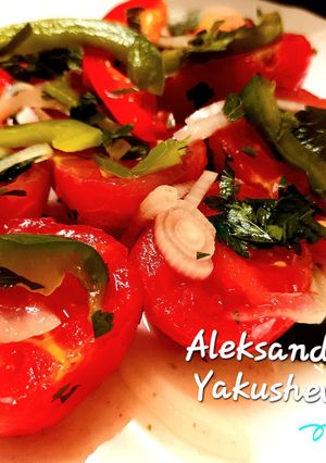 A picture of Heirloom tomatoes marinated.
