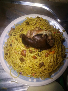 A picture of Chevon stir-fry spaghetti.