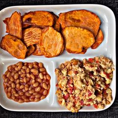 A picture of Breakfast: Sweet Potatoes Fries with Scrambled Eggs.