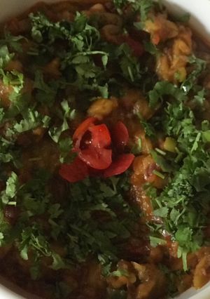 A picture of Begun Pora/roasted aubergine/ baingan bhartha.