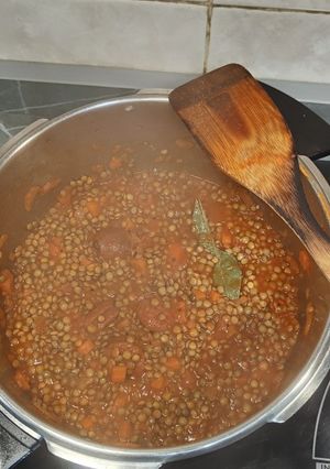 A picture of Lentils with Chorizo in a Pressure Cooker.