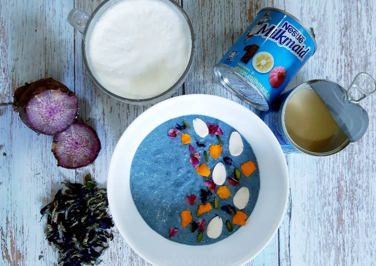 Purple yam kheer with Butterfly pea flower