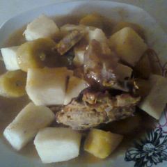 A picture of Dryfish pepper soup with yam and plantain.
