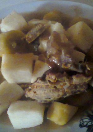 A picture of Dryfish pepper soup with yam and plantain.