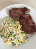 Coriander and Veg Rice with Peppered Lamb Steaks