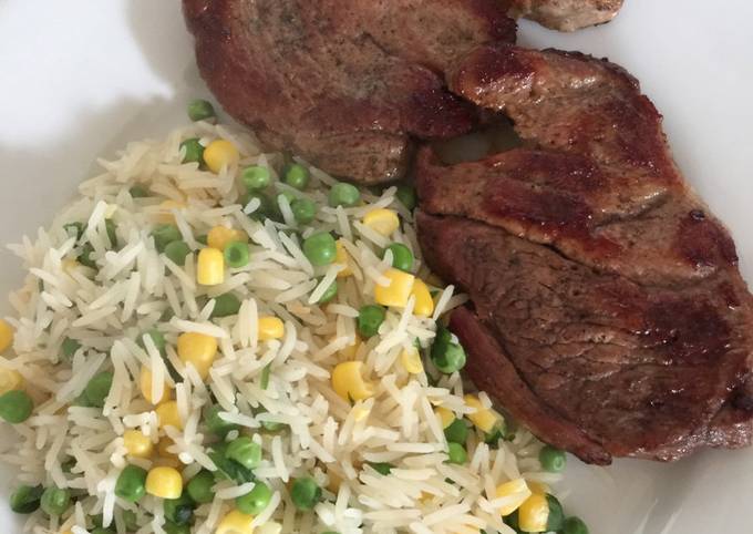 Coriander and Veg Rice with Peppered Lamb Steaks