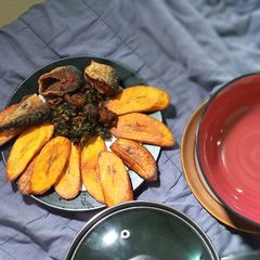 A picture of Pumpkin Sauce + Fried Mackerel & Plantain.