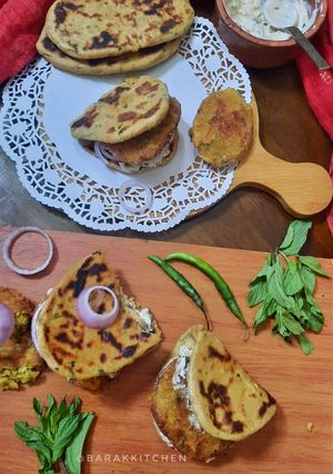 A picture of Whole-wheat no yeast Crispy Kulcha Sandwich with Veg Cutlet.