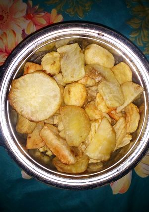 A picture of Fried Irish and sweet potatoes.