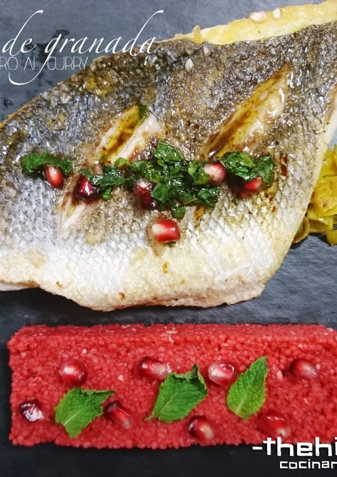 Una foto de Lubina con cuscus de granada sobre cama de puerro al curry