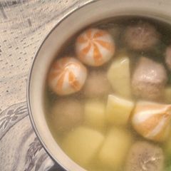 A picture of Potato Meatballs and Cheese Dumpling Clear Soup.