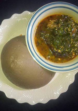 A picture of Okro soup with plantain flour.