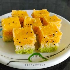 Tricolour Semolina Dhokla A picture of Tricolour Semolina Dhokla.