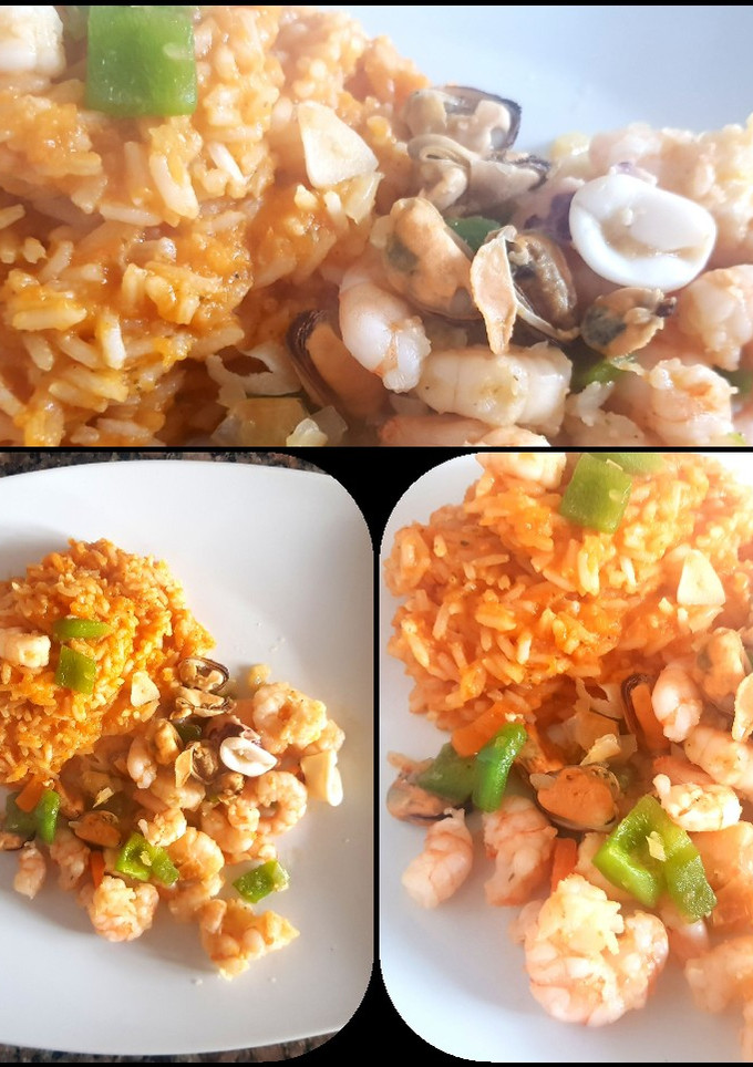 Una foto de Mariscos salteados con morrón y arroz sabroso. #delantaldorado
