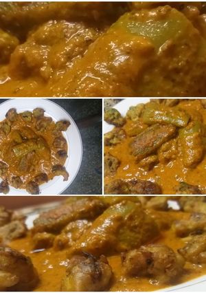 A picture of Paneer filled ridgeguard & flower pakoda in chilli tomato gravy.
