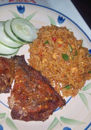 A picture of Shrimp jollof rice "marinated method".